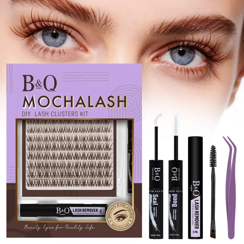 B&Q 30D-40D Vegan Cosmetic Lash Kit - Adult Individual False Eyelashes, Lash Cluster, Nature-Infused Natural Look, Long-Lasting, Lengthening, Beginner-Friendly, with Bond&Seal Remover for At-Home Extensions, so Tea #Sohochic Glam Makeup
