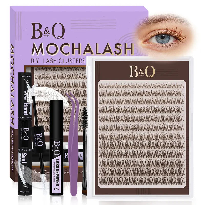 B&Q 30D-40D Vegan Cosmetic Lash Kit - Adult Individual False Eyelashes, Lash Cluster, Nature-Infused Natural Look, Long-Lasting, Lengthening, Beginner-Friendly, with Bond&Seal Remover for At-Home Extensions, so Tea #Sohochic Glam Makeup