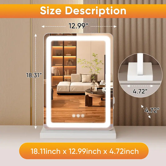 Sweetcrispy Aluminum Modern LED Lighted Square White Vanity Mirror - Adjustable Lighting with 3 Dimmable Color Modes, Touch Screen Control, Scratch-Resist HD, Last-Set Memory, Daylight-True Light, Bathroom Gadget, House Decor
