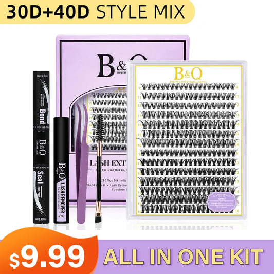 B&Q 30D-40D Vegan Cosmetic Lash Kit - Adult Individual False Eyelashes, Lash Cluster, Nature-Infused Natural Look, Long-Lasting, Lengthening, Beginner-Friendly, with Bond&Seal Remover for At-Home Extensions, so Tea #Sohochic Glam Makeup