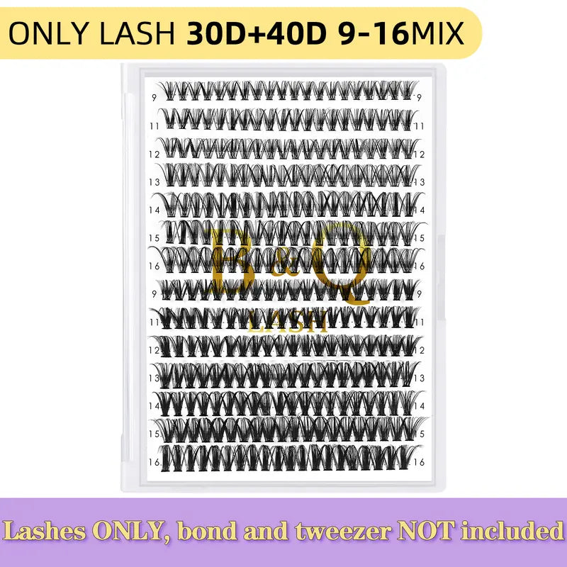 B&Q 30D-40D Vegan Cosmetic Lash Kit - Adult Individual False Eyelashes, Lash Cluster, Nature-Infused Natural Look, Long-Lasting, Lengthening, Beginner-Friendly, with Bond&Seal Remover for At-Home Extensions, so Tea #Sohochic Glam Makeup