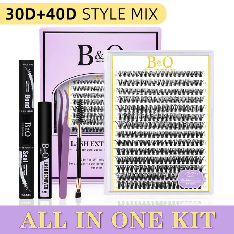 B&Q 30D-40D Vegan Cosmetic Lash Kit - Adult Individual False Eyelashes, Lash Cluster, Nature-Infused Natural Look, Long-Lasting, Lengthening, Beginner-Friendly, with Bond&Seal Remover for At-Home Extensions, so Tea #Sohochic Glam Makeup