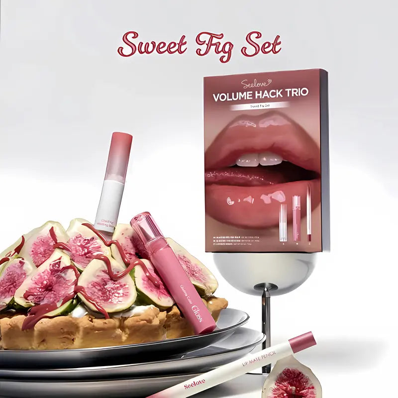 Volume Hack Trio Sweet Fig Set | Lip Combo for Plump, Hydrated & Glossy Lips | 3-In-1 Kit (3 Shades, Lip Mate Pencil 0.5G, Melting Balm 3.5G, & Color Gloss 4G)